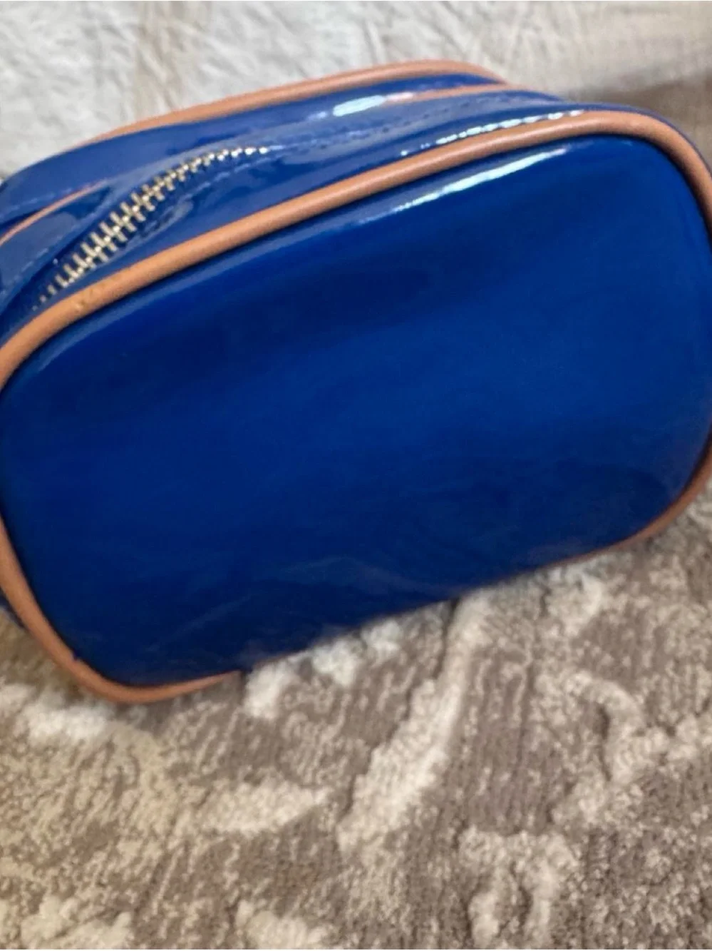 PINK Victoria's Secret Glossy Blue Travel Pouch with Tan Trim